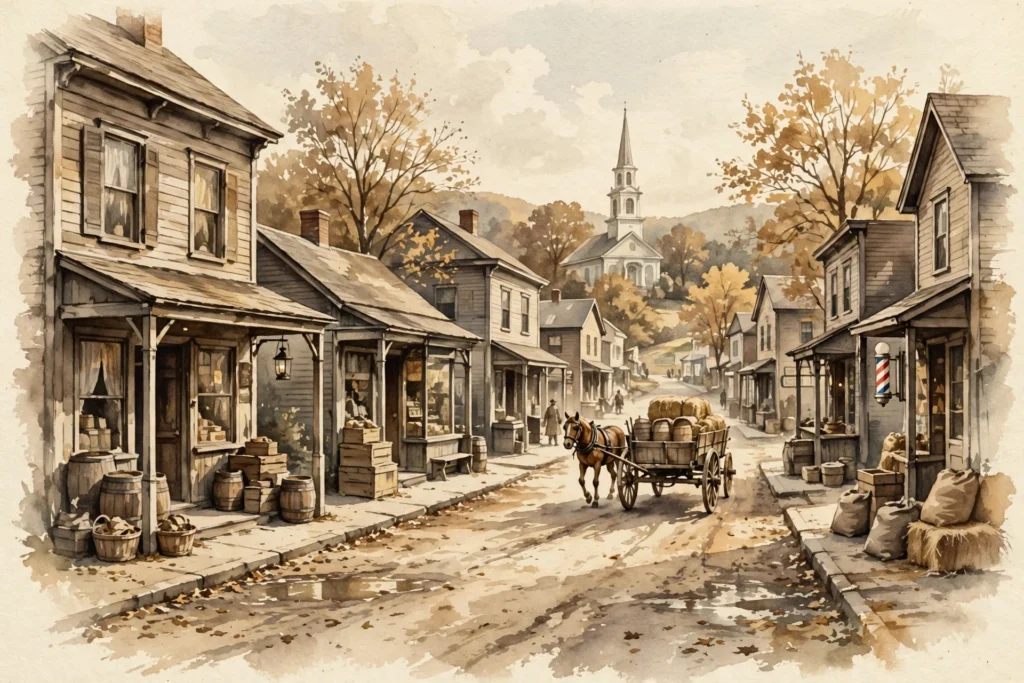 Illustration of a New England main street in the early 1900s