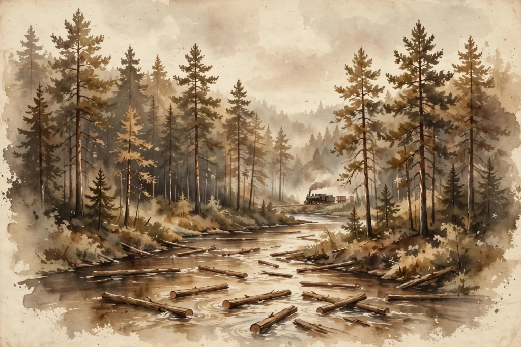 Illustration of the Maine north woods in the logging era